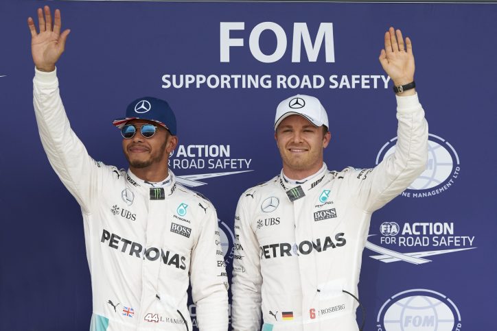 Mercedes drivers Nico Rosberg and Lewis Hamilton at the 2016 British Grand Prix qualifying