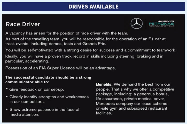 Mercedes F1 Posts Classified Ad for Race Driver Position