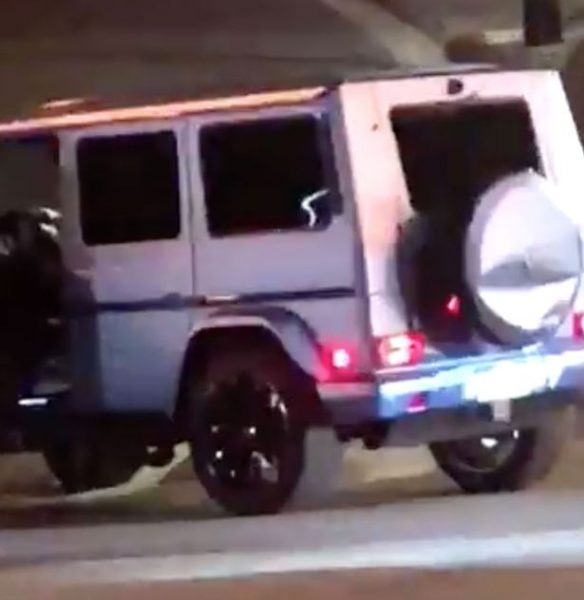 Bieber's Mercedes-Benz G-Wagon involved in crash (image via Twitter @maiseymcginnis)
