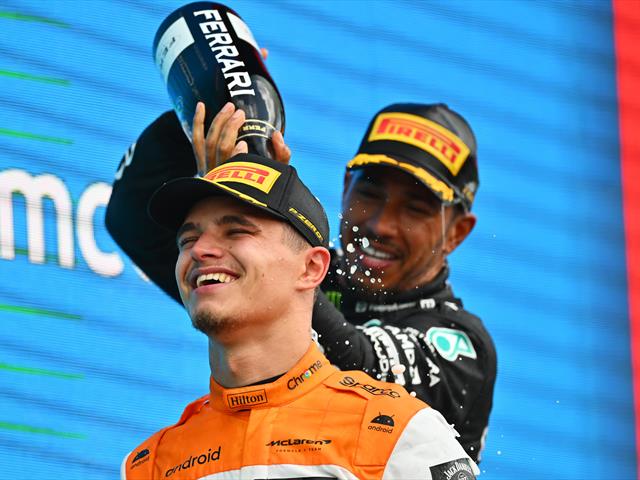 lando norris of mclaren and lewis hamilton of mercedes at the 2023 british gp