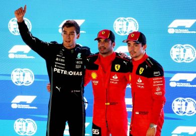 Mercedes F1 George Russell with Ferrari's Carlos Sainz and Charles Leclerc