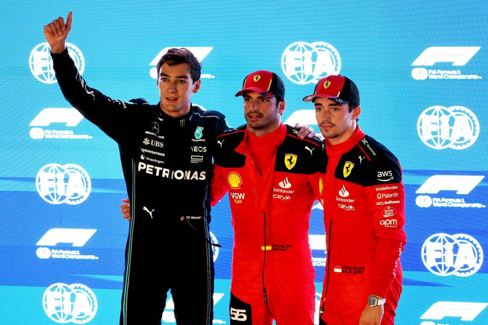 Mercedes F1 George Russell with Ferrari's Carlos Sainz and Charles Leclerc